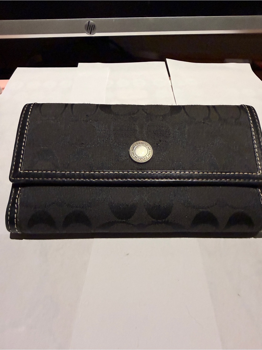 Coach Vintage Black Signature Jacquard Trifold Wallet with Matching Checkbook📝